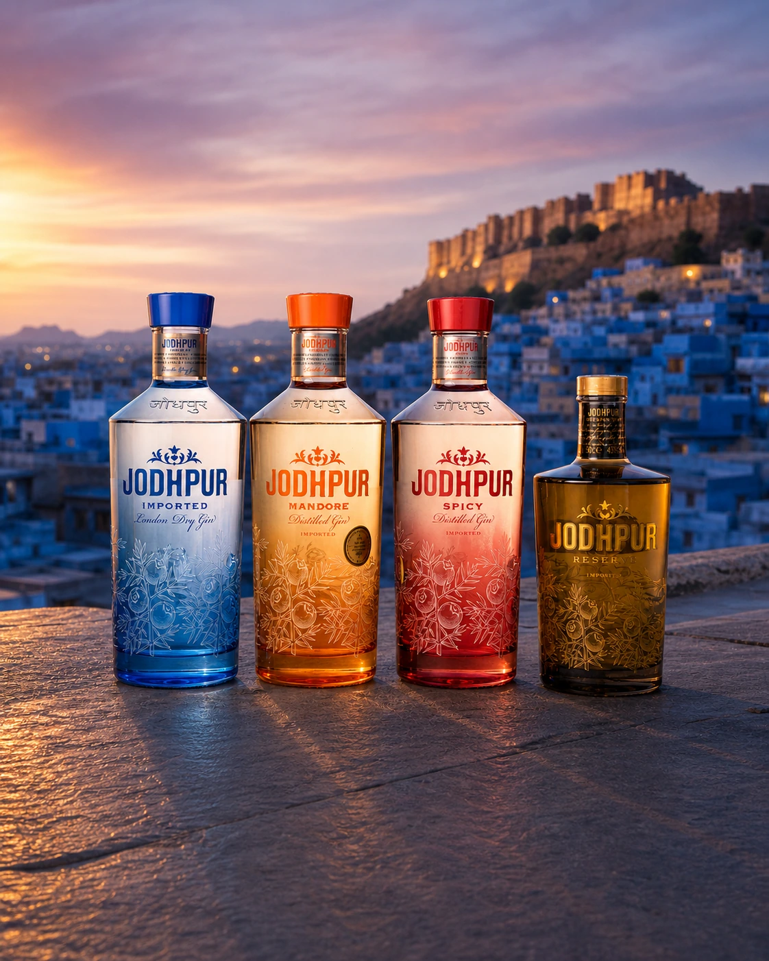 Kolekce Jodhpur London Dry, Mandore, Spicy a Reserve na terase nad modrým městem Jodhpur